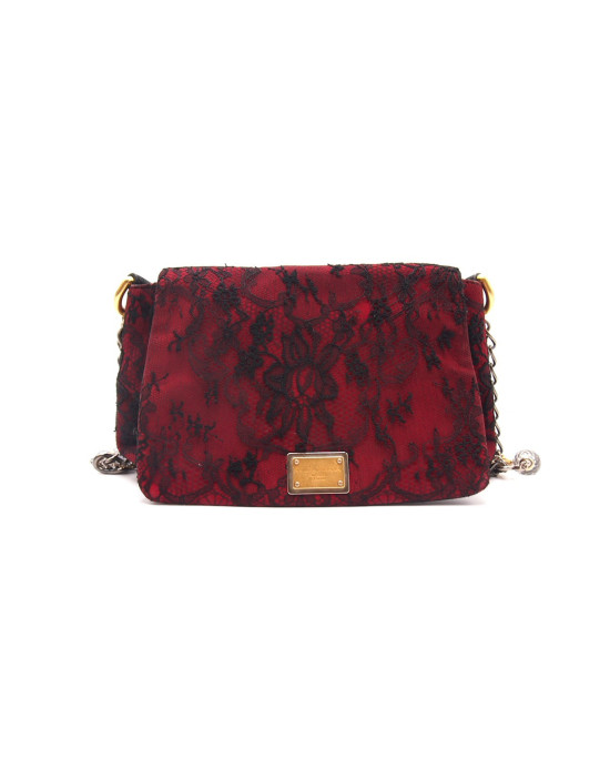 Dolce & Gabbana Red Leather Black Lace Shopping Bag