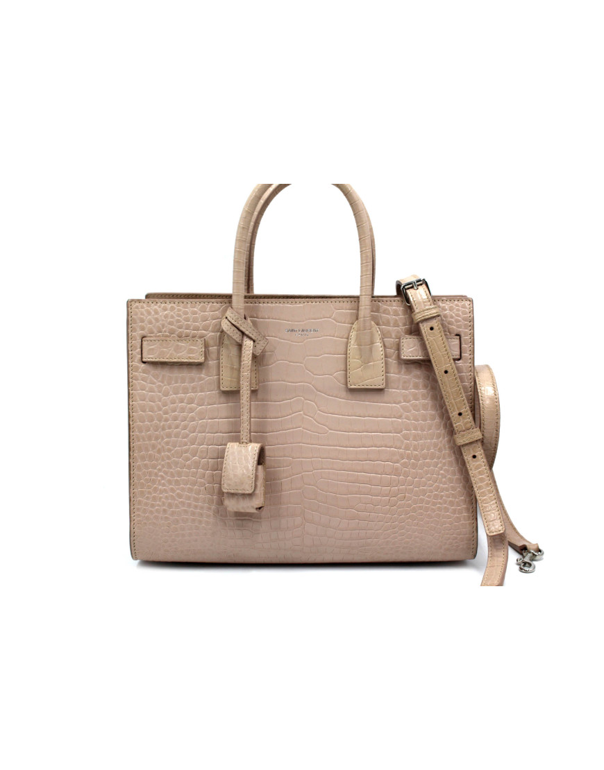 Saint Laurent Sac De Jour Cuir Imprimé Croco Rose Clair