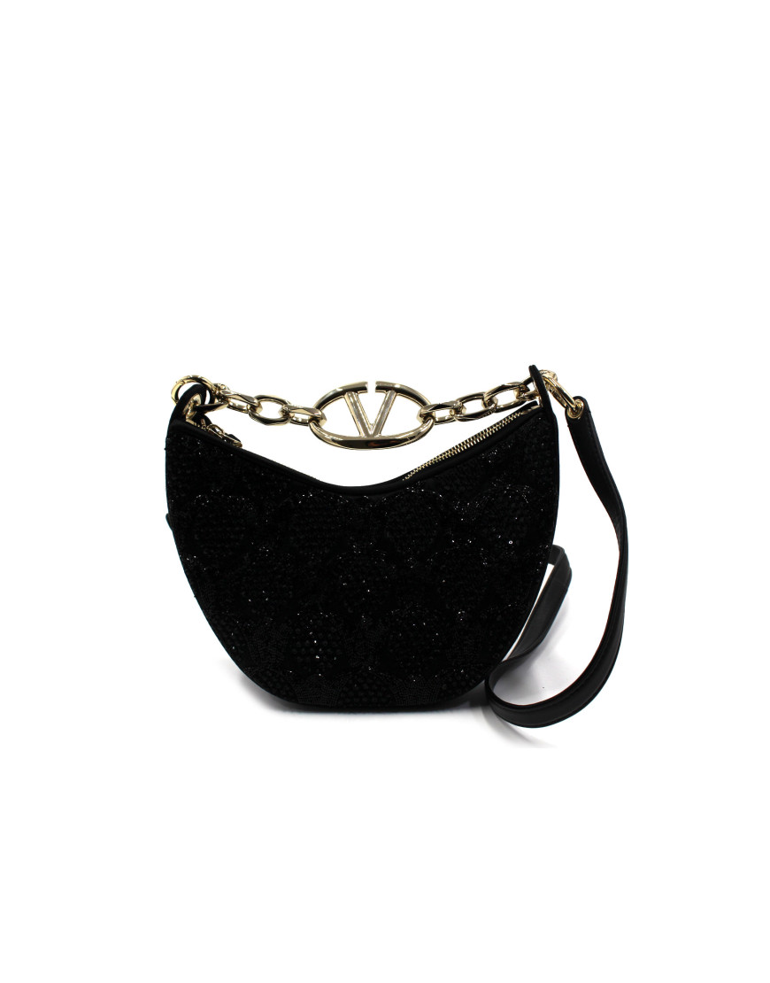 Valentino VLogo Mini Hobo Tela e Paillettes Nere