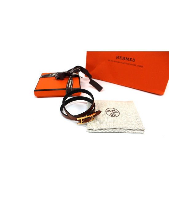 Hermes Bracciale Behapi Double Pelle Nera e Oro