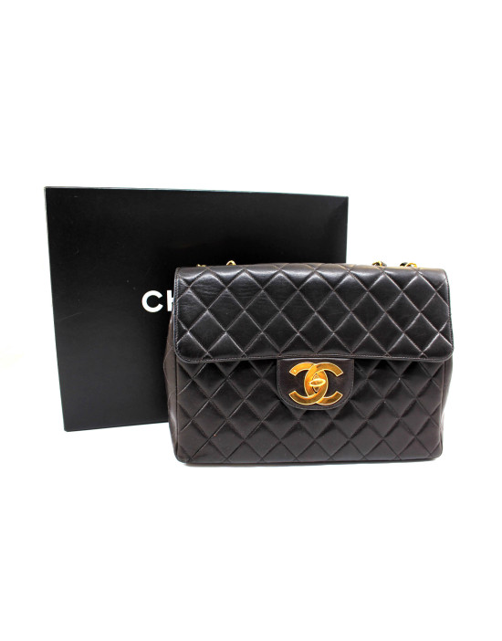 Chanel Maxi Logo Vintage Schwarzes Leder
