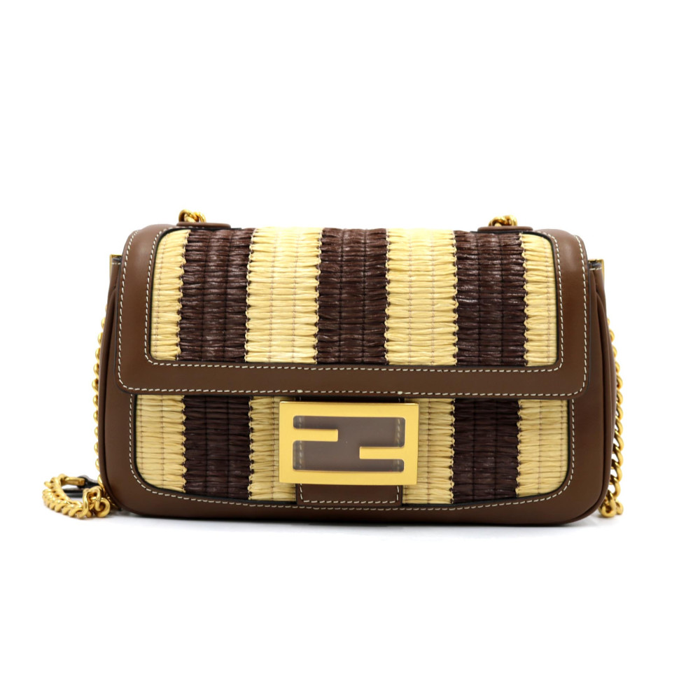 Fendi Baguette Chain Midi Rafia Beige e Marrone