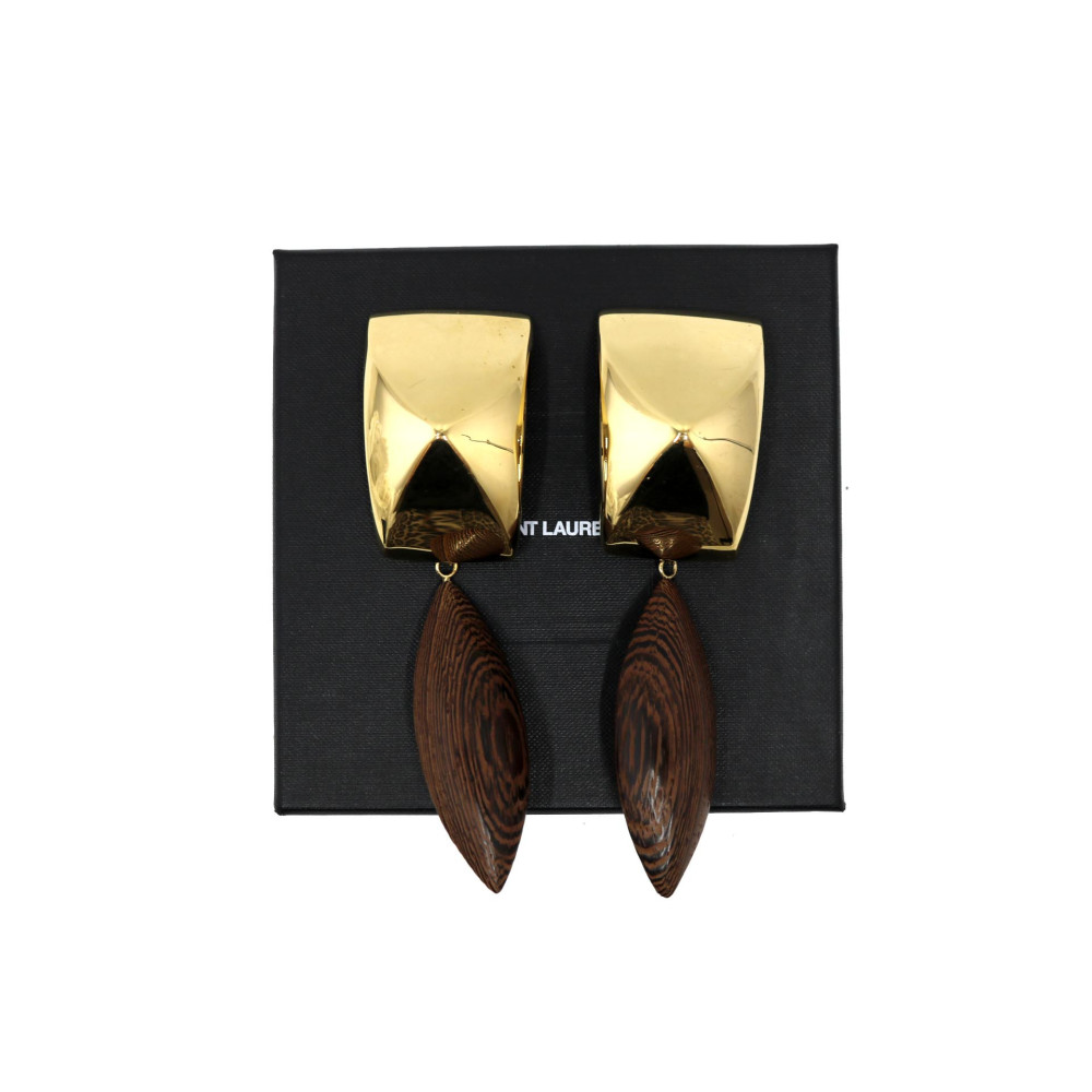 Saint Laurent Orecchini Ottone e Legno Dorati