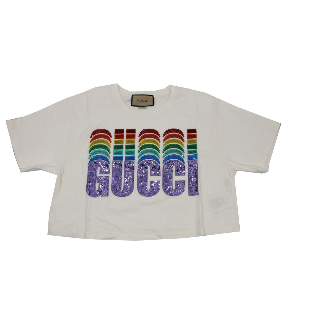 Gucci T Shirt Cotone e Paillettes Bianca