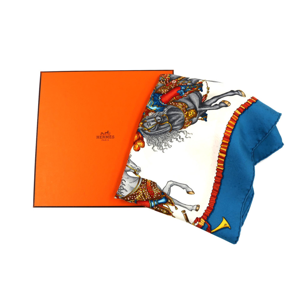 Hermès Scarf Sun King's Celebration White and Blue Silk
