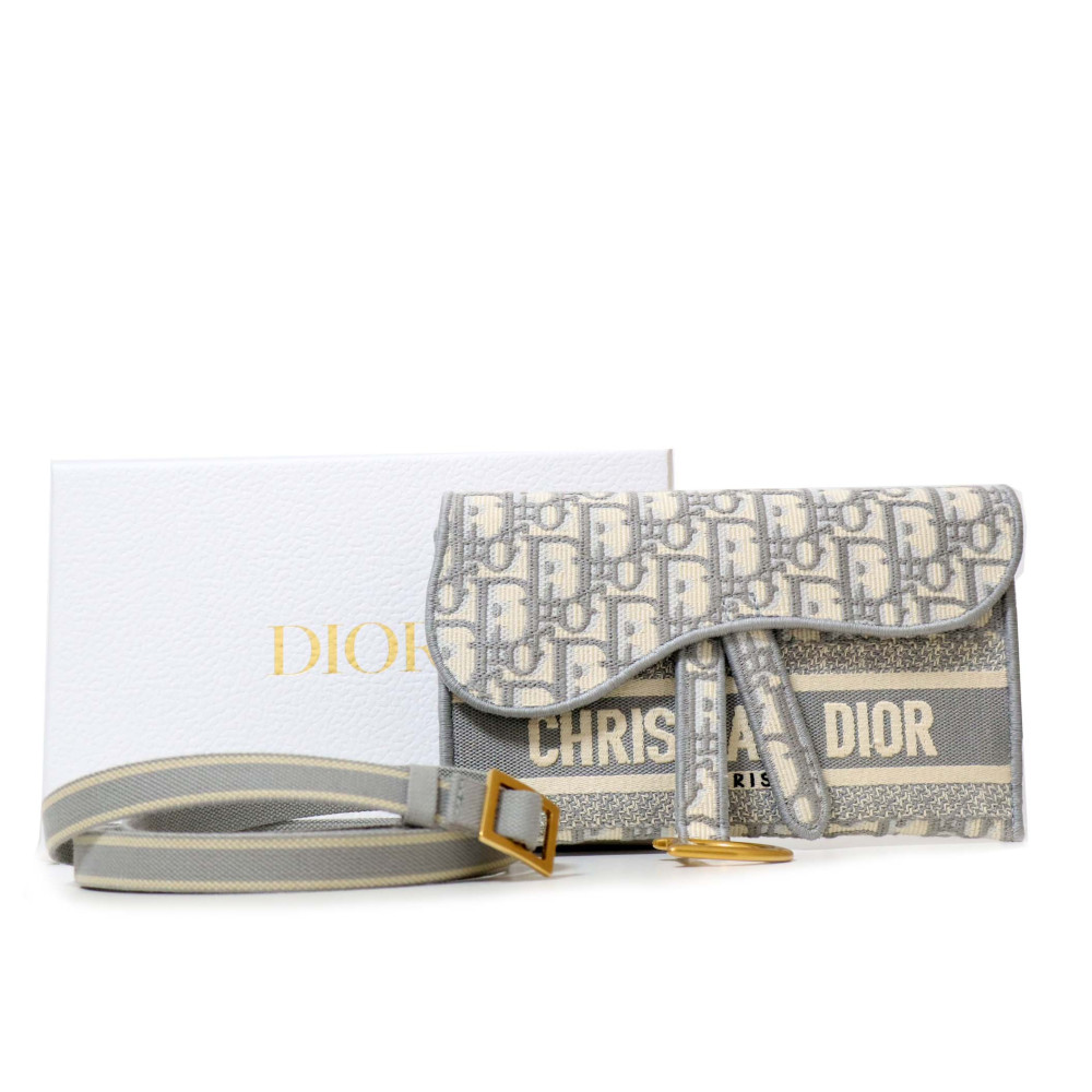 Dior Saddle Pochette Tela Jacquard Oblique Grigia, Bianca e Beige