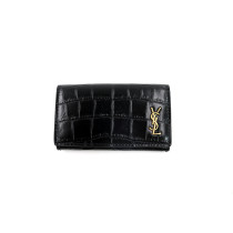 Saint Laurent Black Crocodile Print Leather Keychain