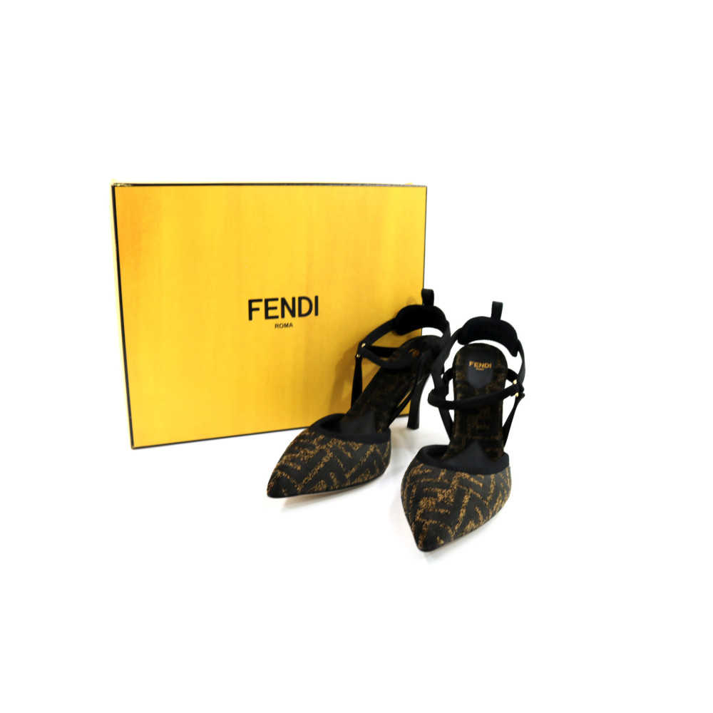 Fendi Sling Back Chaussures en Cuir et Chenille Noire et Marron