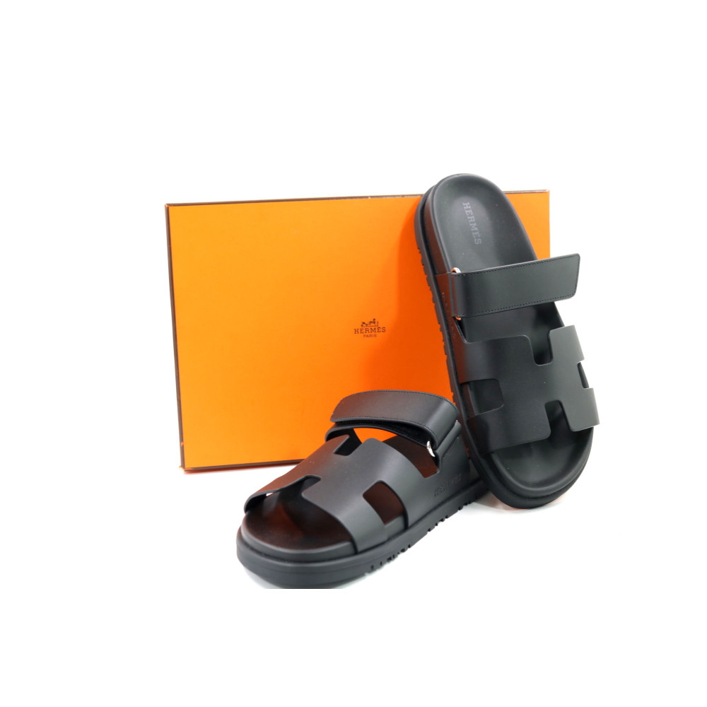 Hermes Chypre Sandalen Schwarzes Leder