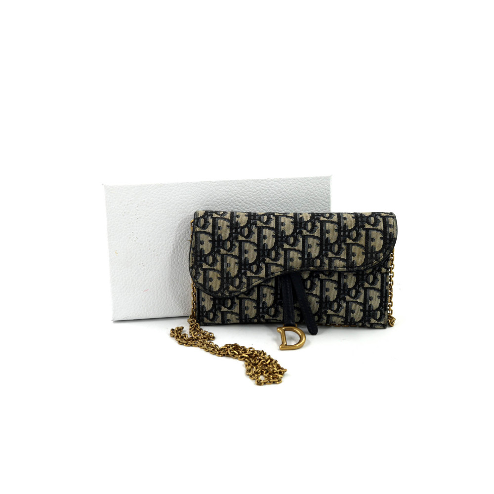 Dior Saddle Wallet On Chain Tela Blu e Crema