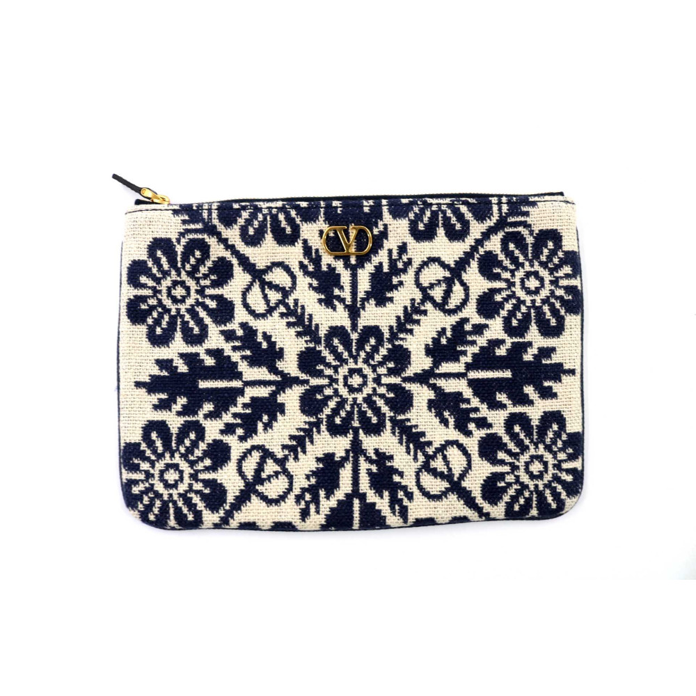 Valentino VLogo Signature Pochette Tessuto Jacquard Avorio e Blu
