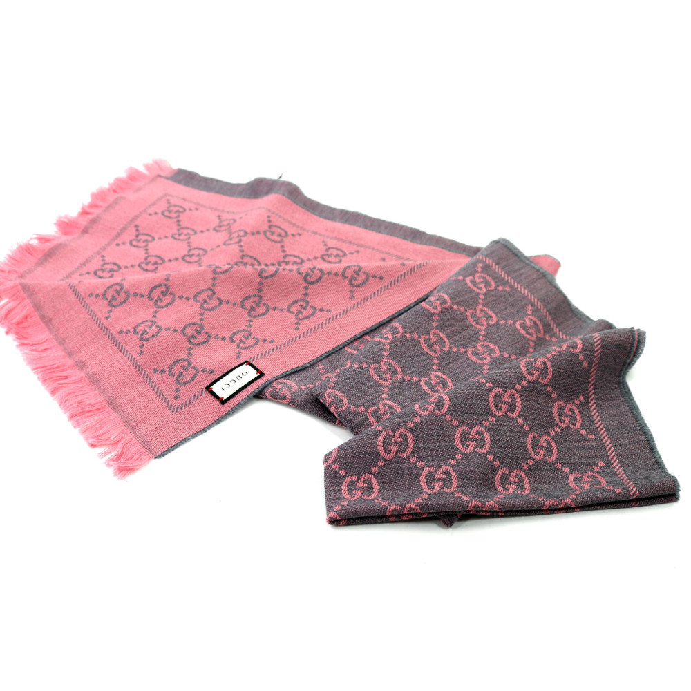 Gucci Sciarpa Graphite GG Jacquard Lana Grigia e Rosa