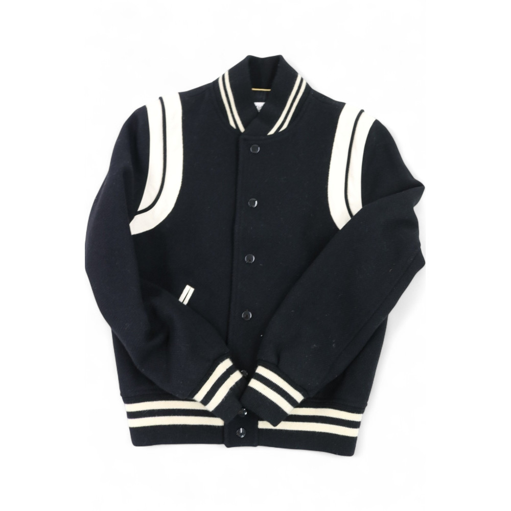 Saint Laurent Giacca Teddy Jacket Lana e Pelle Nera e Bianca