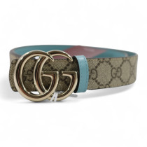 Gucci Cintura Reversibile GG e Pelle Marrone e Azzurro