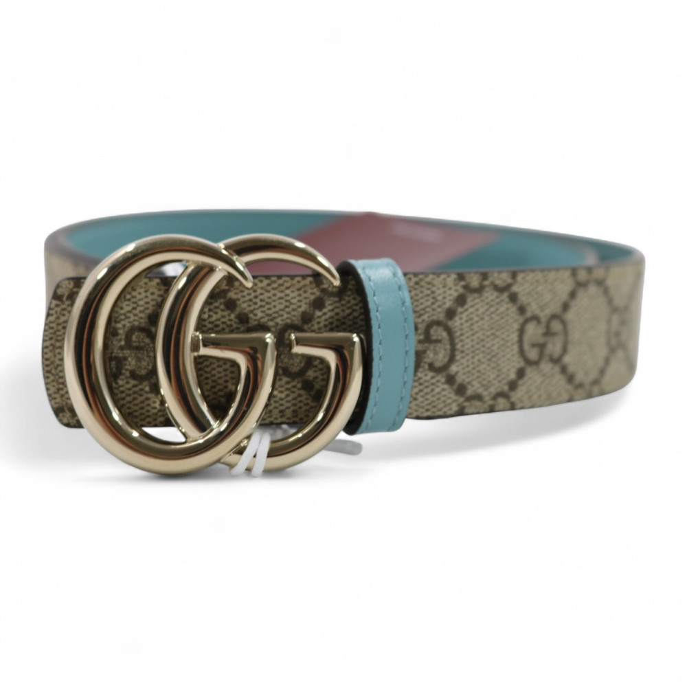 Gucci Cintura Reversibile GG e Pelle Marrone e Azzurro