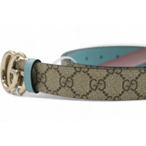 Gucci Cintura Reversibile GG e Pelle Marrone e Azzurro